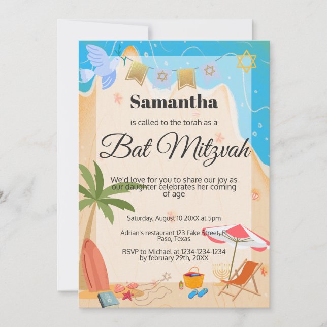 Invitation bat mitzvah : Thème plage, QR (Devant)
