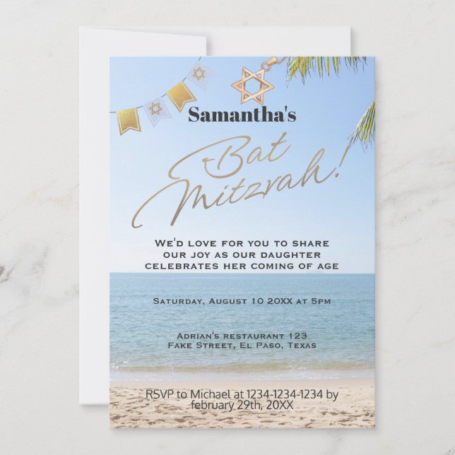 Invitation bat mitzvah : Thème plage, QR (Devant)