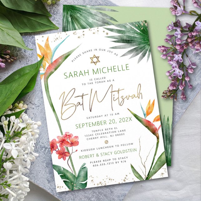 Invitation Bat mitzvah Tropical Floral Aquarelle Gold Script (Créateur téléchargé)