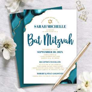 Invitation Bat Mitzvah Turquoise Agate Script 2 Lieu Moderne
