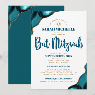 Invitation Bat mitzvah Turquoise Agate Script 2 Lieu Moderne