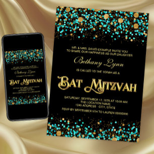 Invitation Bat mitzvah turquoise bleu et or