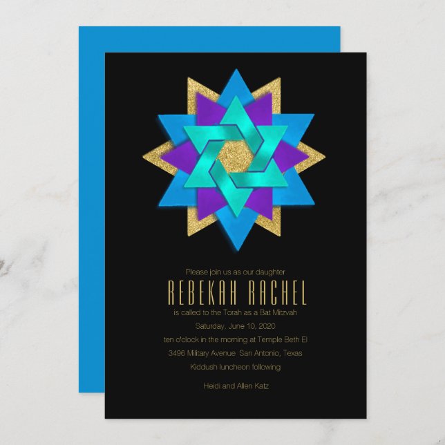 Invitation Bat mitzvah Turquoise bleu violet Aqua Star Flower (Devant / Derrière)