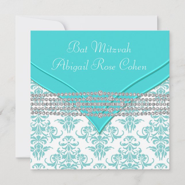 Invitation Bat mitzvah turquoise Blue Damask (Devant)