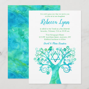 Invitation Bat mitzvah turquoise d'aquarelle verte Arbre de v