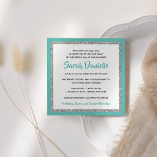 Invitation Bat mitzvah Turquoise et Carré argenté