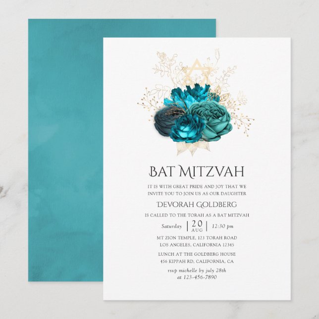 Invitation Bat mitzvah turquoise et or Floral (Devant / Derrière)