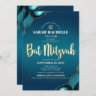 Invitation Bat mitzvah Turquoise Ombre Agate Gold Script Bold