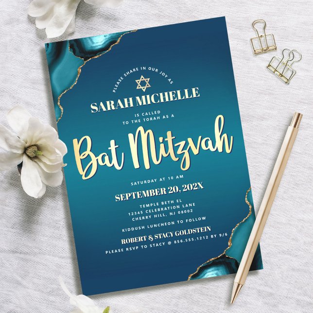 Invitation Bat Mitzvah Turquoise Ombré Agate Or Script Chic (Créateur téléchargé)