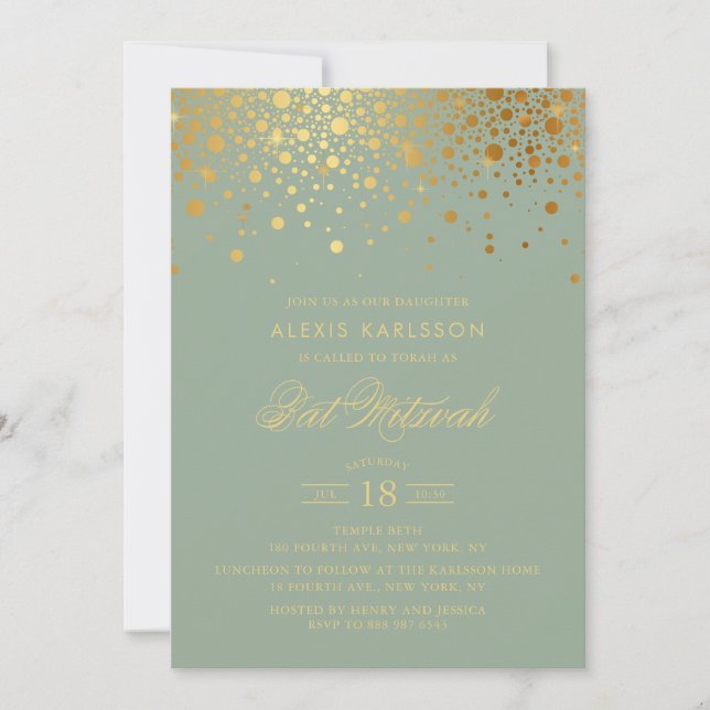 Invitation Bat mitzvah vert Faux Gold Foil Confetti Sage (Devant)