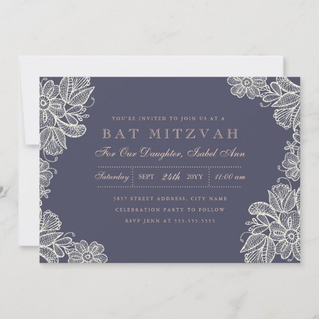 Invitation Bat mitzvah vintage de dentelle (Devant)