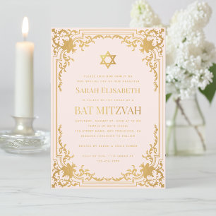 Invitation Bat Mitzvah Vintage Rose Faux Or Étoile Religieux