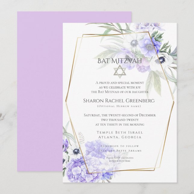 Invitation BAT MITZVAH | Violet Anémone Floral Verse 2 (Devant / Derrière)