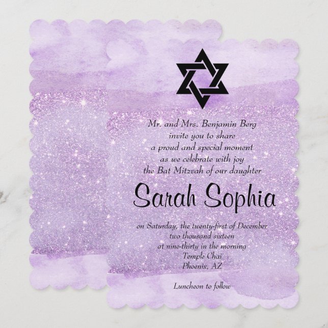 Invitation Bat mitzvah violet, Aquarelle, Violet, Parties sci (Devant / Derrière)