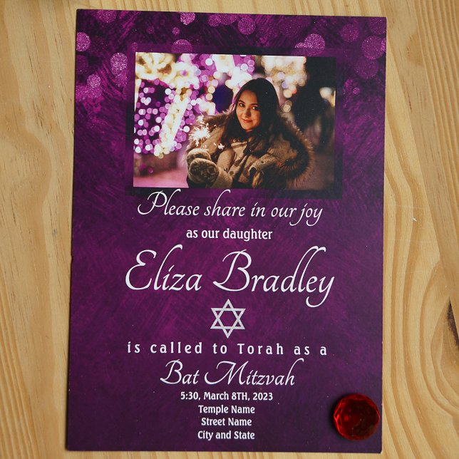 Invitation Bat mitzvah violet chatoyante avec Star (Purple violet shimmery bat mitzvah invitation with photo)
