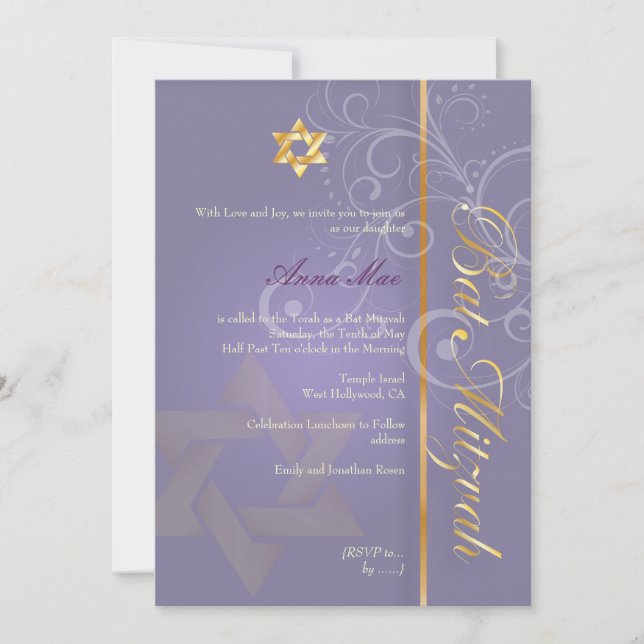 Invitation Bat mitzvah/violet/or (Devant)