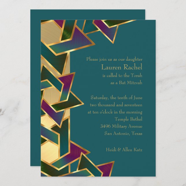 Invitation Bat mitzvah violet Turquoise étoile de David sur n (Devant / Derrière)