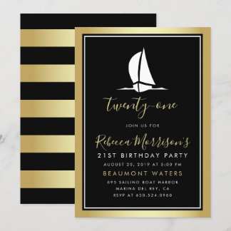 Invitation Bateau à voile noir & blanc en or officiel Anniver