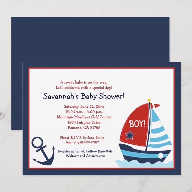 Invitation Bateau à voile rouge et bleu 5x7 Baby shower Invit (Devant / Derrière)