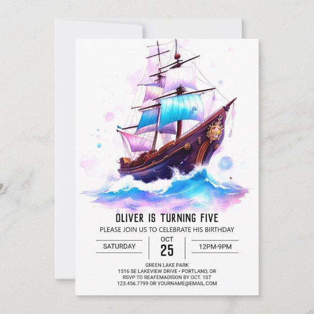 Invitation Bateau Aquarelle Amusants Pirate Anniversaire (Devant)