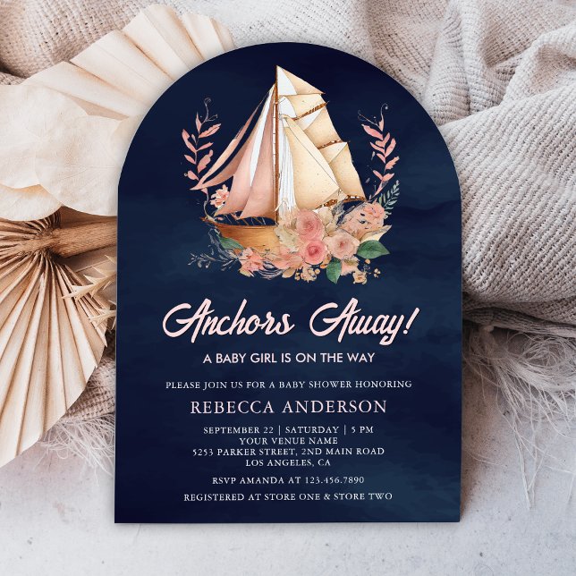 Invitation Bateau Floral Fille de la Marine Navy Arch Baby Sh (Créateur téléchargé)