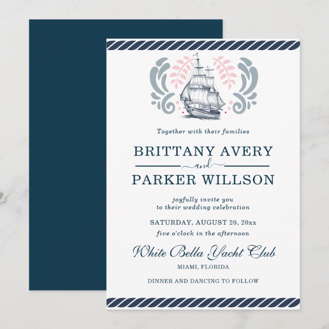 Invitation Bateau Mariage nautique moderne (Devant / Derrière)