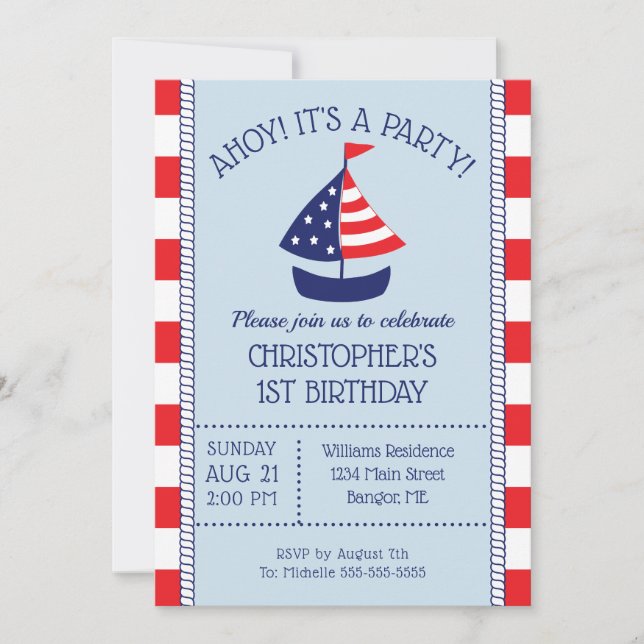 Invitation Bateau nautique 1er anniversaire patriotique (Devant)