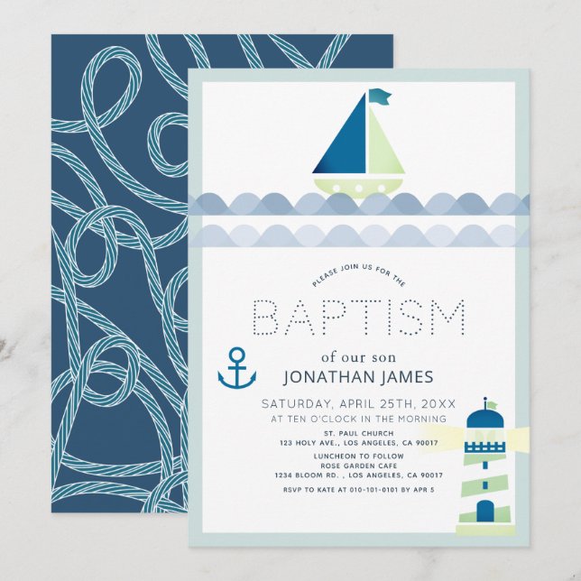 Invitation Bateau nautique et phare Blue Boy Baptême (Devant / Derrière)