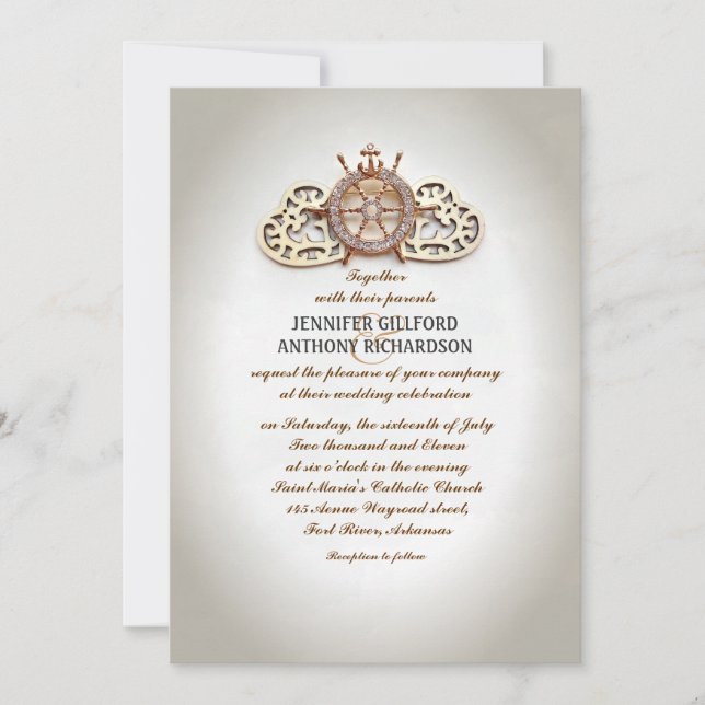 Invitation bateau nautique roue et coeur d'amour (Devant)