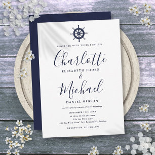 Invitation Bateau nautique Roue Marine Mariage de script bleu