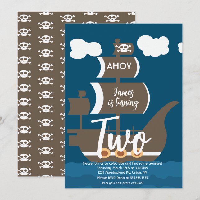 Invitation Bateau Pirate Anniversaire Ahoy Party Tout âge Bro (Devant / Derrière)