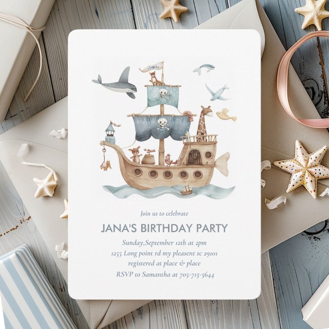 Invitation Bateau pirate avec Animaux Fête des enfants (Créateur téléchargé)