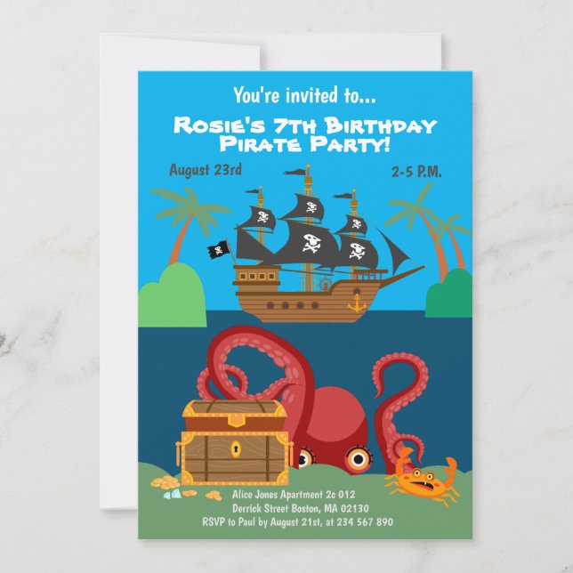 Invitation Bateau pirate et monstre de mer fête d'anniversair (Devant)