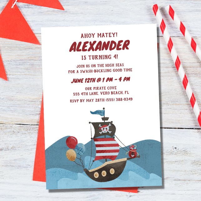 Invitation Bateau pirate Nautique Ahoy Boy Annithday Party (Pirate Ship Nautical Ahoy Boy Birthday Party Invitation
)