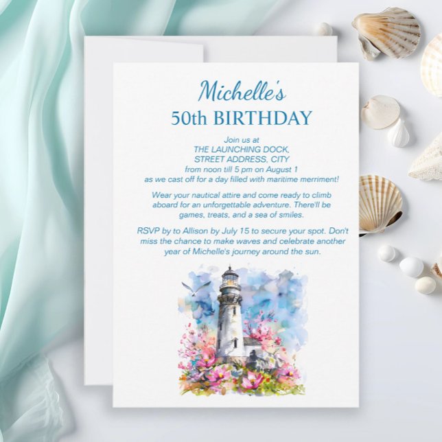 Invitation Bateau Thème Marin Phare 100e Anniversaire (Lighthouse/cruise birthday party invitation)