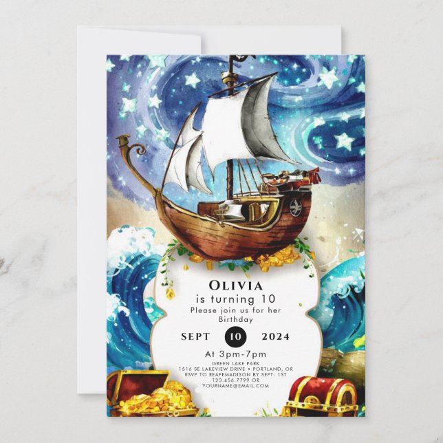 Invitation Bateau Whimsical pour enfants Pirate Anniversaire (Devant)