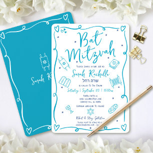 Invitation Bath Mitzvah Bleu Dessins à Main Doodles Nom Hébre