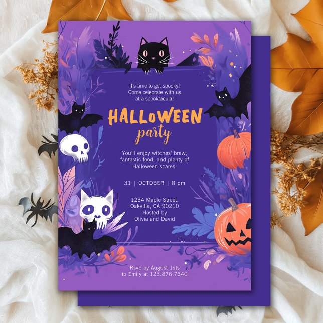 Invitation Bats et chats mignons violets Fête d'Halloween (Créateur téléchargé)
