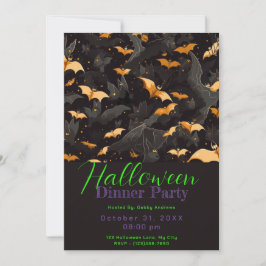 Invitation Bats noirs et dorés Dîner d'Halloween