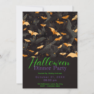 Invitation Bats noirs et dorés Dîner d'Halloween
