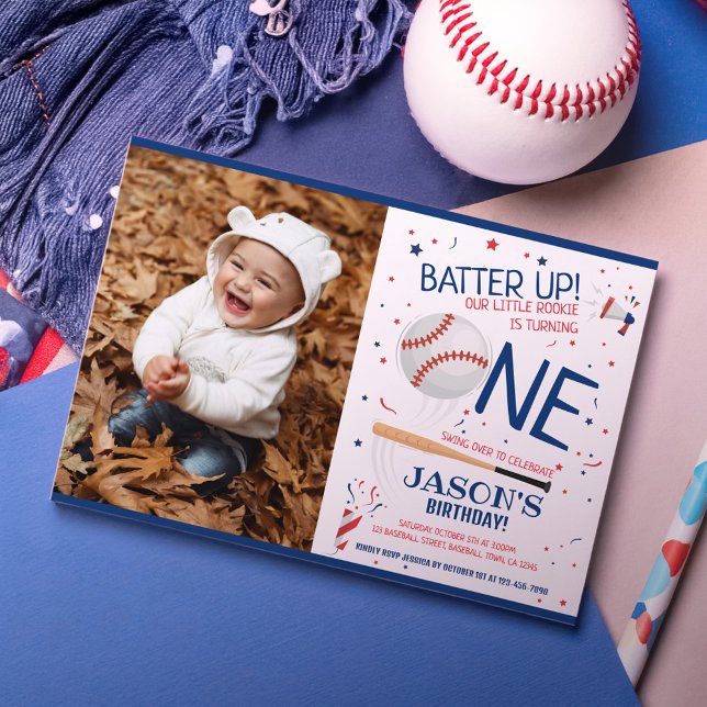 Invitation Batte Up Blue Rookie Baseball Photo 1er anniversai (Créateur téléchargé)