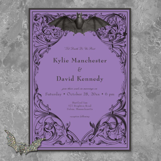 Invitation Batte victorienne jusqu'à la mort Mariage noir et  (Victorian Bat Until Death Black & Purple Wedding Invitation)