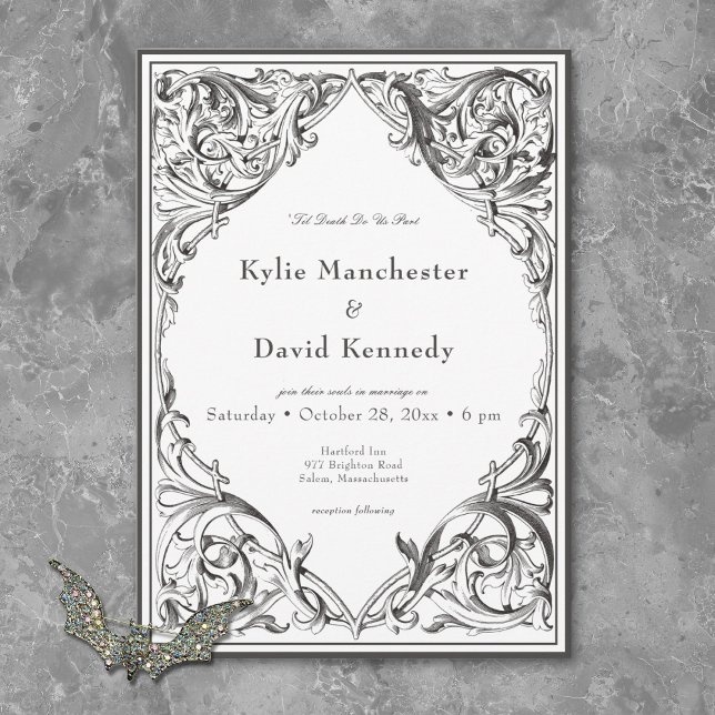 Invitation Batte victorienne jusqu'à la mort Mariage noir et  (Victorian Bat Until Death Black & White Wedding Invitation)