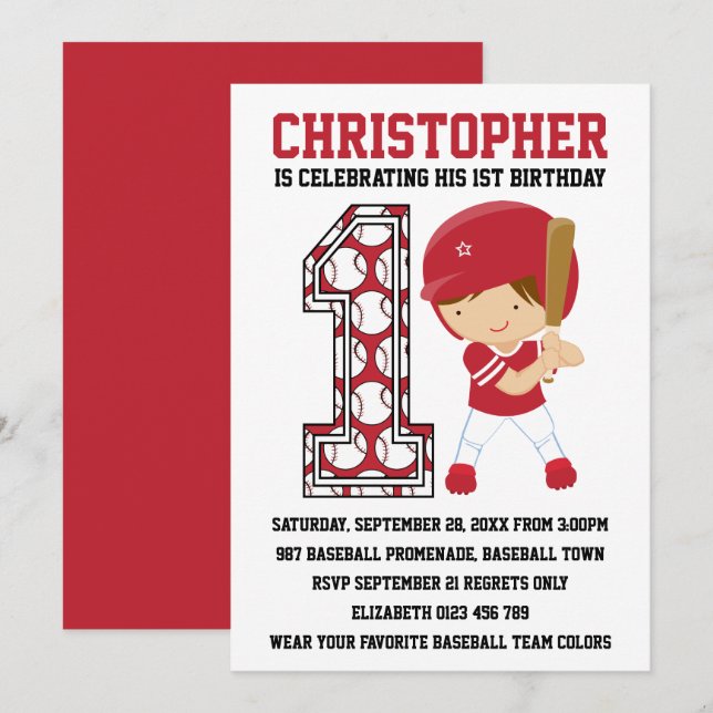 Invitation Batteur de baseball Red White 1er Anniversaire (Devant / Derrière)