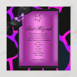 Invitation Batteuse de Mitzvah Papillon Rose Violet Sauvage