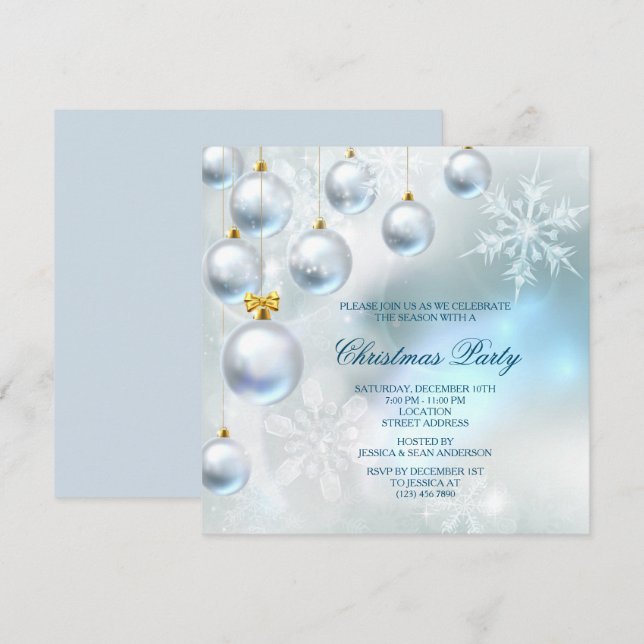 Invitation Baubles d'argent et flocons de neige fête Noël (Devant / Derrière)