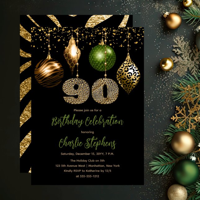 Invitation Baubles de la peau d'animal tropical 90e fête d'an (Glamorous Tropical Animal Print Baubles 90th Birthday Party Invitation in Black, Gold & Olive Green)