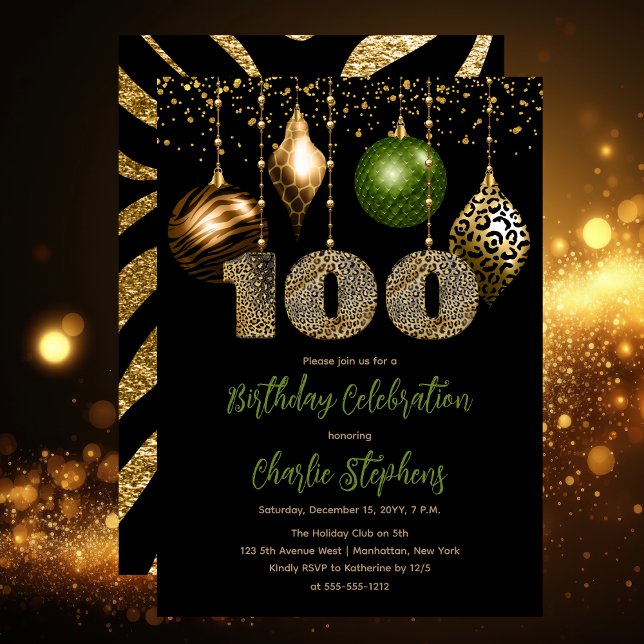 Invitation Baubles de la peau d'animal tropicale 100e fête d' (Glamorous Tropical Animal Print Baubles 100th Birthday Party Invitation in Black, Gold & Olive Green)