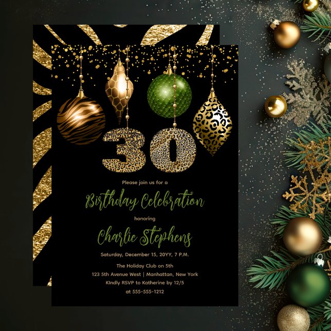 Invitation Baubles de la peau d'animal tropicale 30e fête d'a (Glamorous Tropical Animal Print Baubles 30th Birthday Party Invitation in Black, Gold & Olive Green)