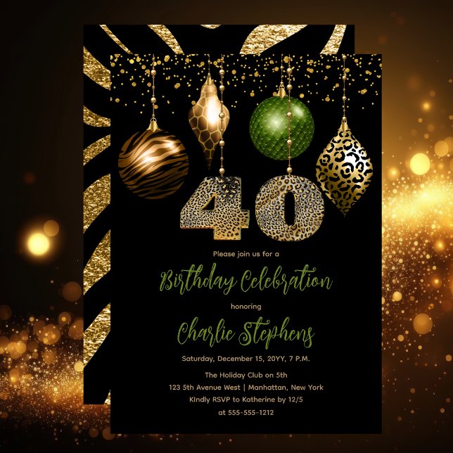 Invitation Baubles de la peau d'animal tropicale 40ème annive (Glamorous Tropical Animal Print Baubles 40th Birthday Party Invitation in Black, Gold & Olive Green)